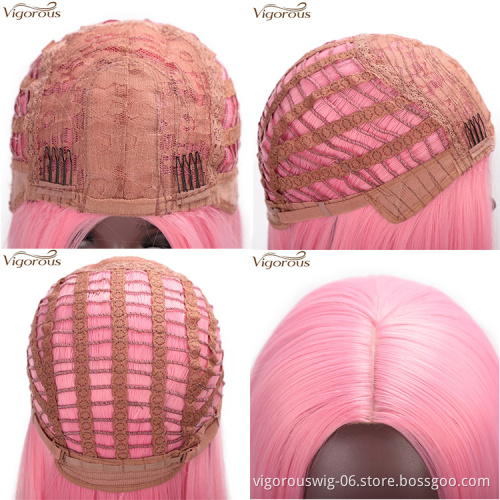 Vigorous 14 inches Short Straight Bob Wig Middle Part Pink Heat Resistant Synthetic Wig Cosplay Daily Use For Women